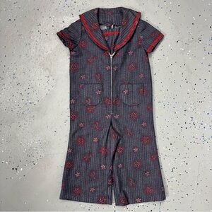 Vintage 70s Denim Zip Up Sailor Jumpsuit Allover Red Nautical Print Handmade 3T
